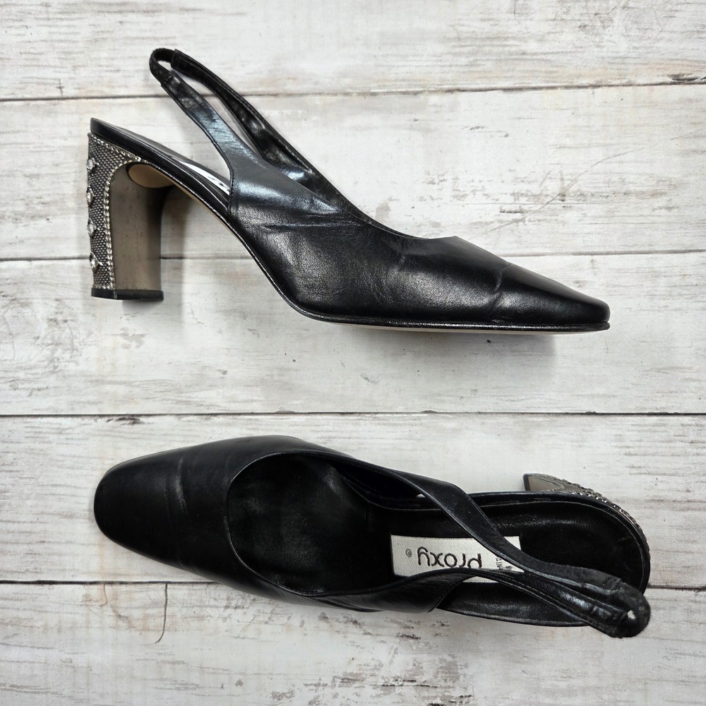 Proxy Slingback Heel Women 9.5 Black Leather Embellished Block Heel Spain